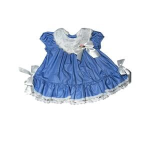 Vintage rare editions blue and white ruffles frilly lace baby girl dress 6/9mos